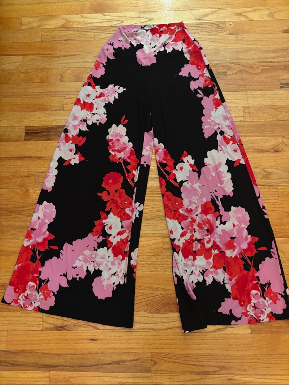 Norma Kamali Black Wide-Leg Pants with Pink & Red Floral Pattern